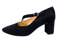 Contemporary pumps with diagonal strap - black suede in small sizes