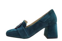 Loafer with block heel - petrol green suede in small sizes