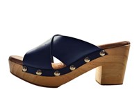 mules wooden sole leather cross strap -blue-