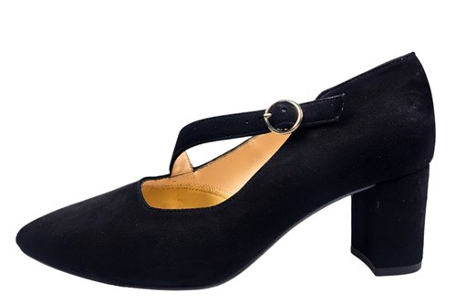 Contemporary pumps with diagonal strap - black suede