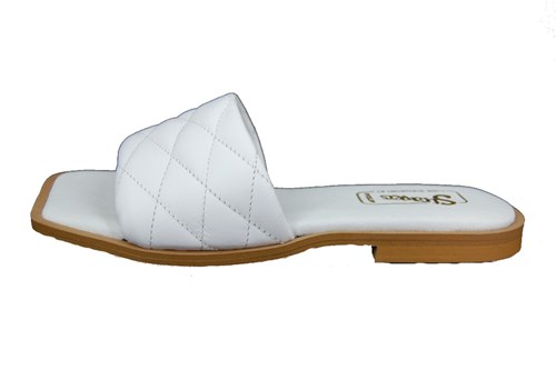 Flat White Leather Slippers Square Nose