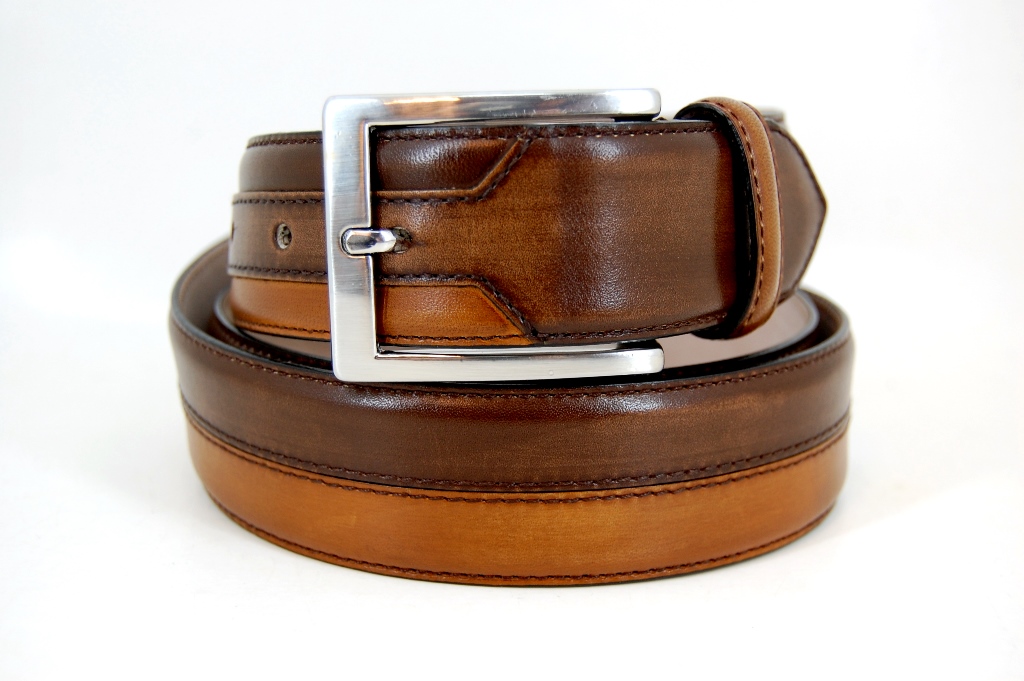Mens tan leather belt with silver tone buckle